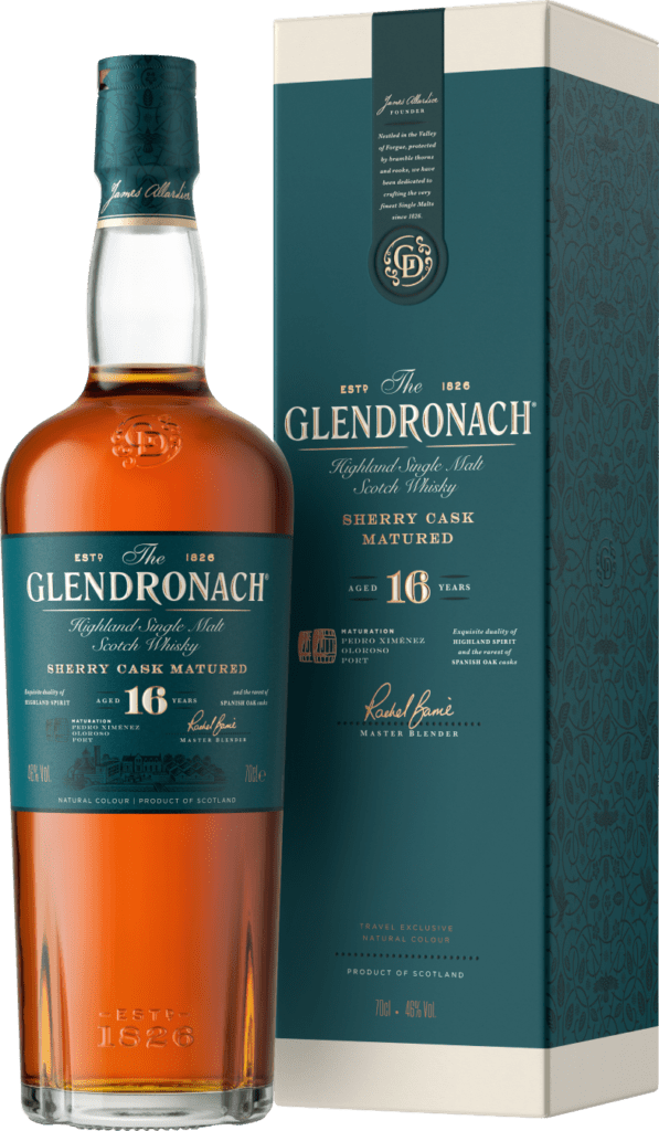 Bottle and packaging for the 16 year Glendronach bottle.