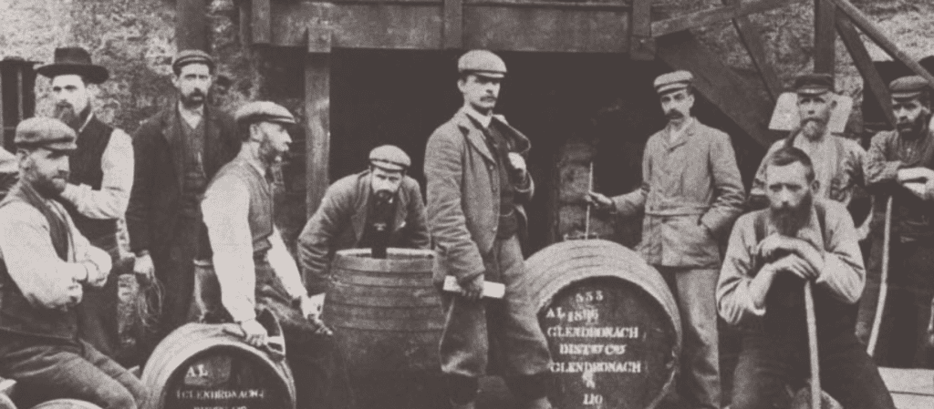 A black and white vintage image of The Glendronach Distillery workers.