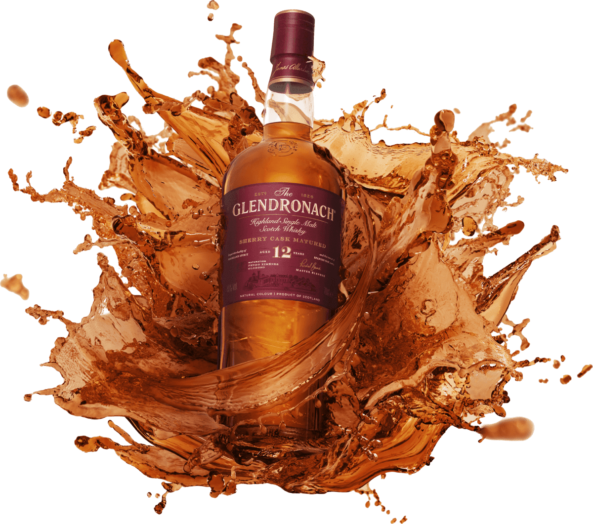 Glendronach The Glendronach, Aged 12 Years, surrounded by a swirl of amber liquid.