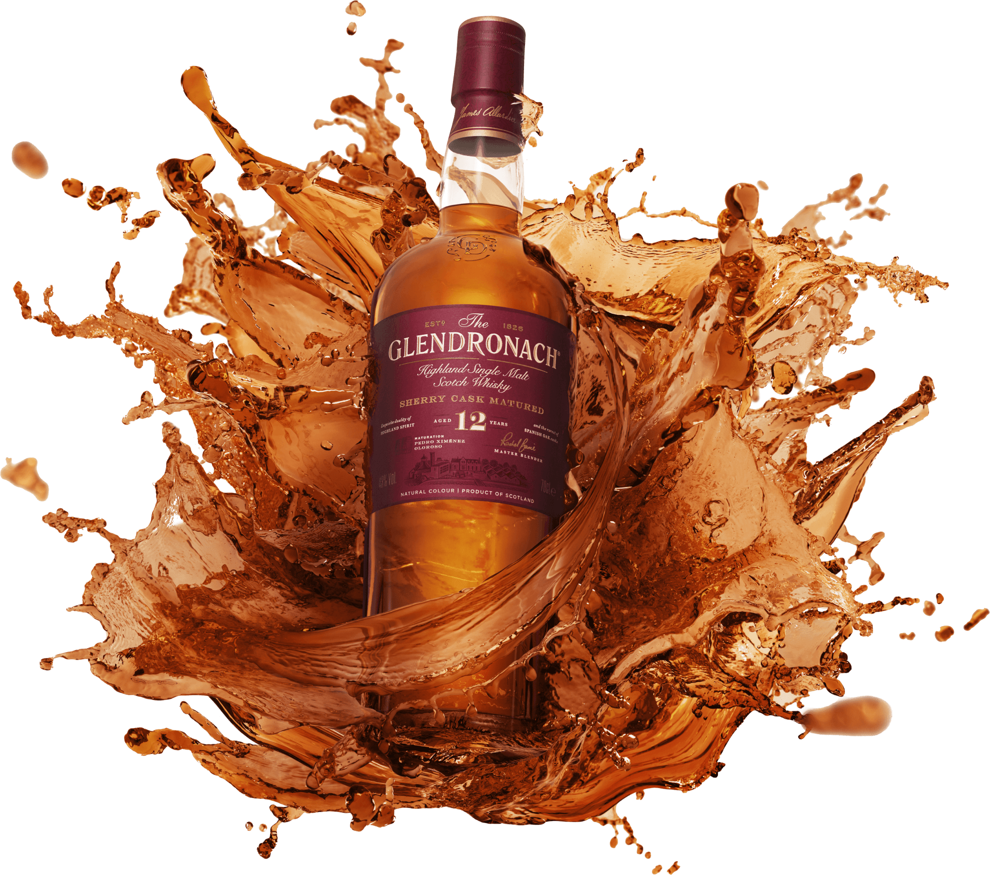 Splashing bottle of Glendronach Whiskey Aged 12 Years